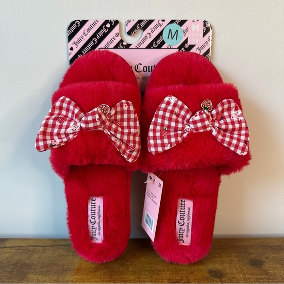 Juicy Couture Shoes - New Juicy Couture 7-8 Red Plaid Strawberry Bows Slippers Shoes Faux Fur Soft